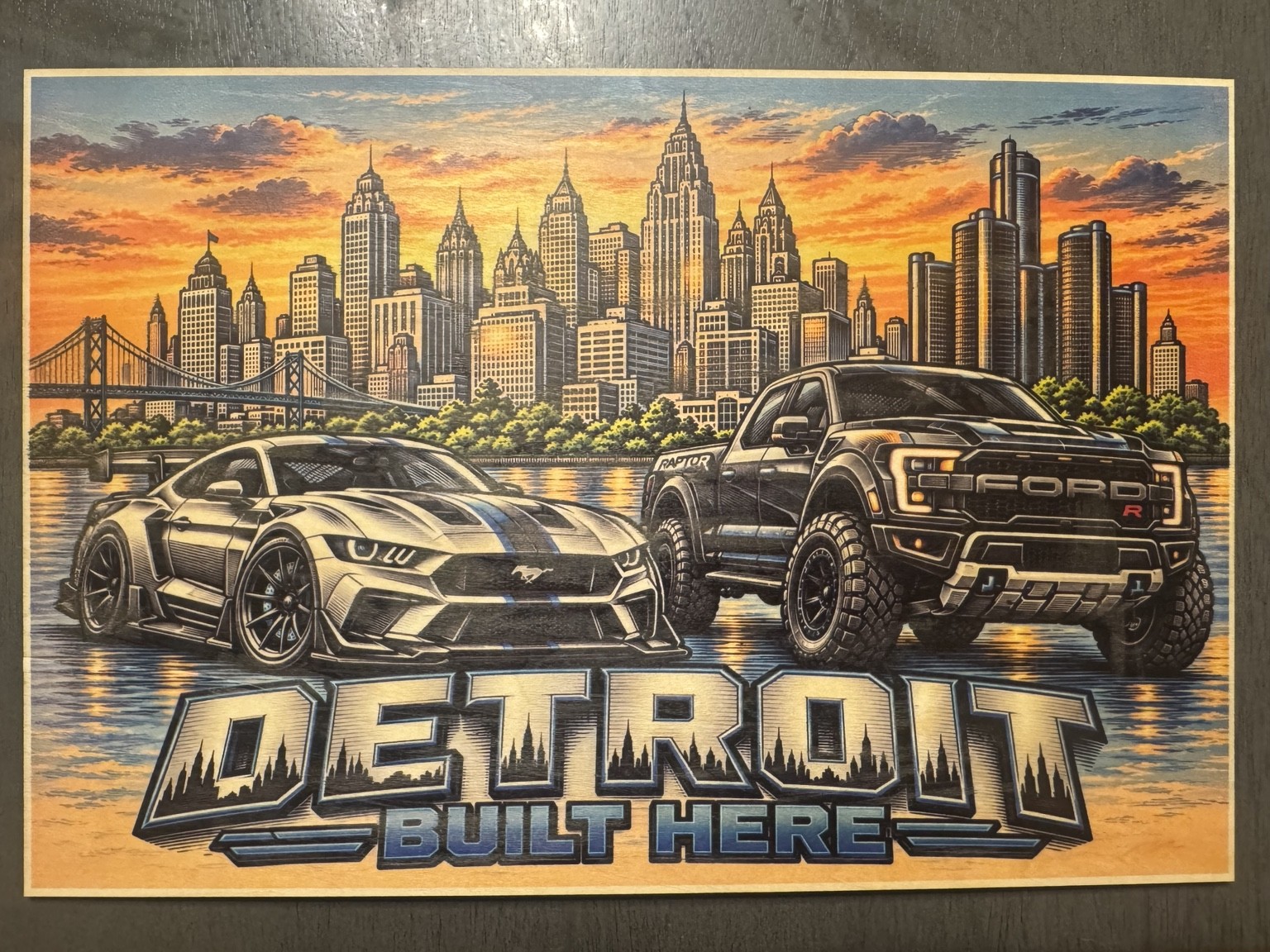 Photograph of the Detroit Built Here color print with skyline, Mustang, and Raptor
