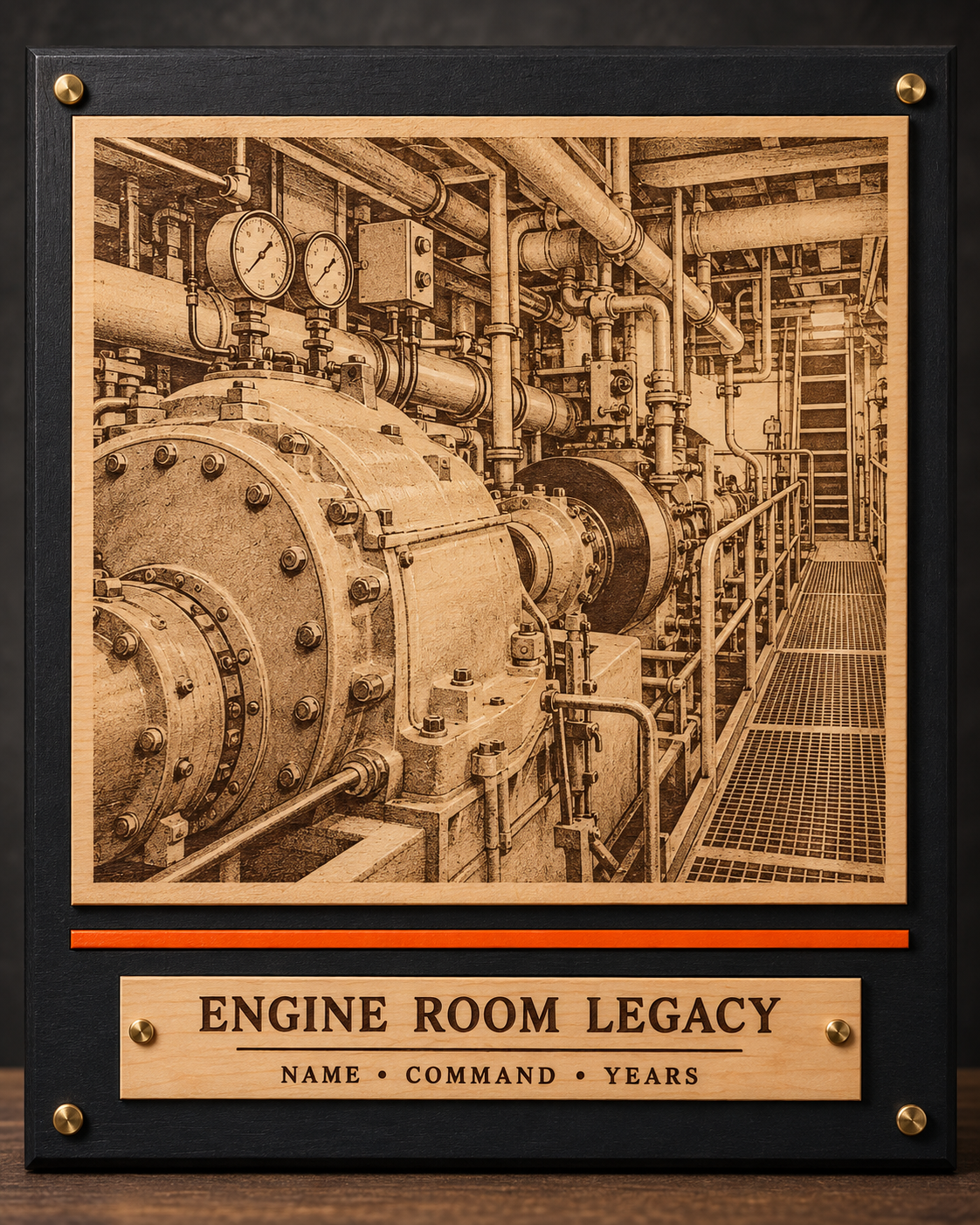 Concept rendering of an engraved engine-room legacy plaque in a black frame